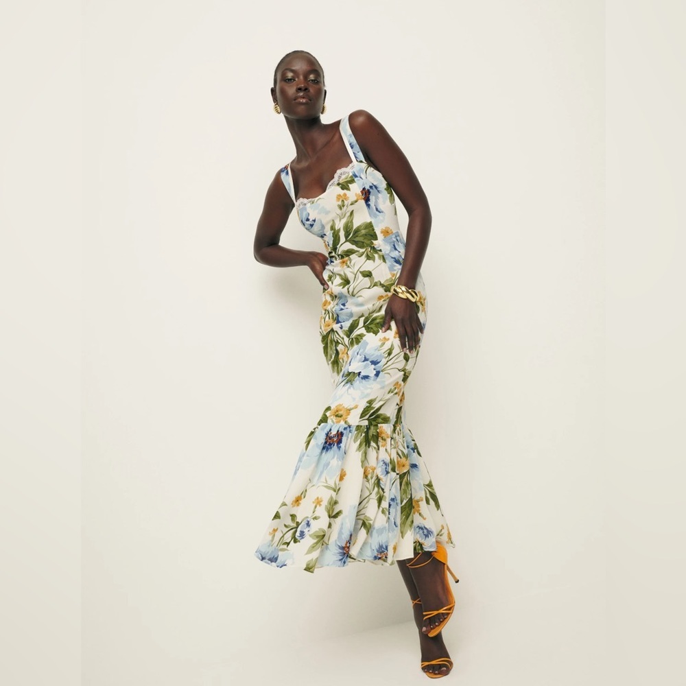 NEW Reformation Irisa Midi Dress in Botanist Cream Blue Green Floral | sz 2 - Picture 1 of 11